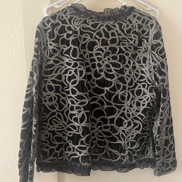 VTG CHICO Grey Metallic floral JACKET Blazer Bohemian Ruffle Artisan Sz 2 - Picture 9 of 11